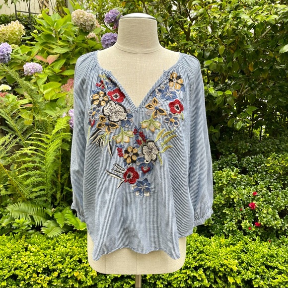 Velvet Embroidered Chambray Top Blue Sz S - Picture 2 of 9